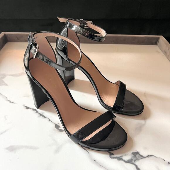 Stuart Weitzman Walkway Black Patent Leather Block Heels Sandals Size 7.5 - Picture 2 of 12